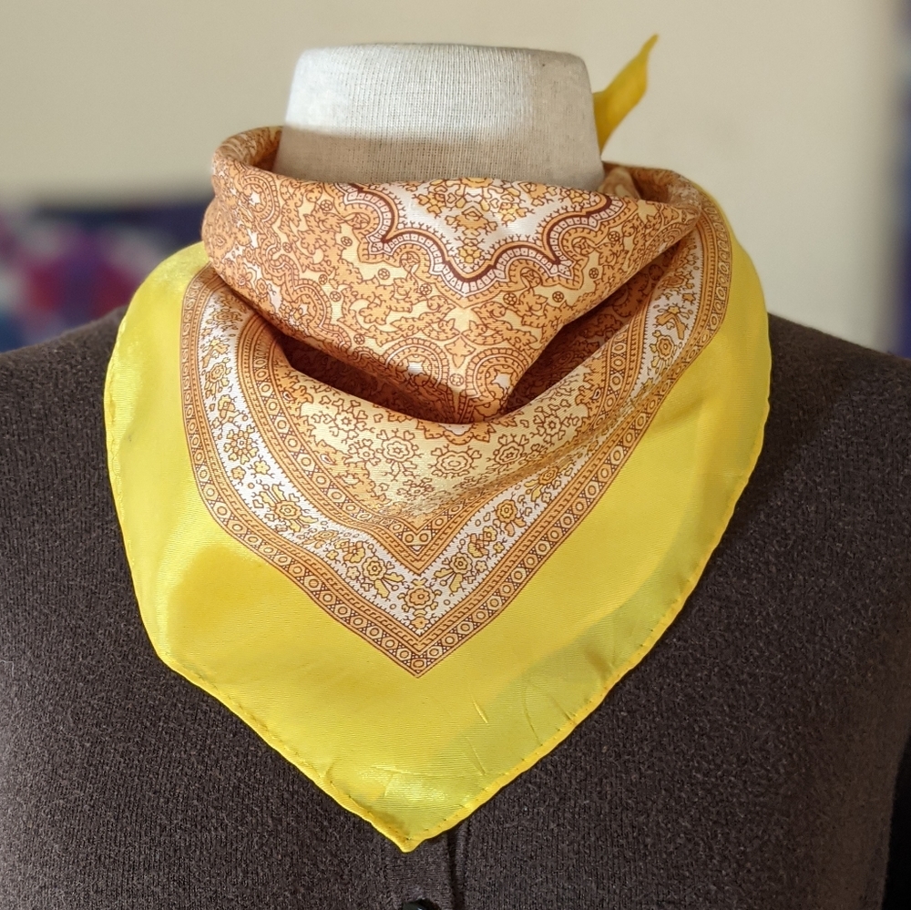 Bright Yellow & Tan Square Silky Scarf